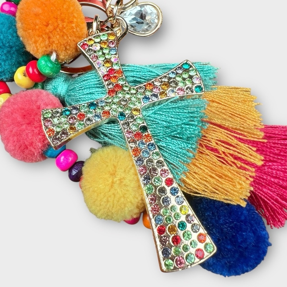 Bag Charm Cross and Tassel, Pom, and Beads, Gold and Multicolor - Picture 2 of 4